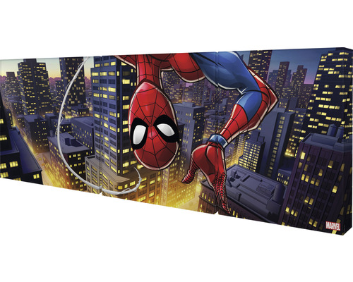 Leinwandbild mit Spiderman vor einer Stadtkulisse
