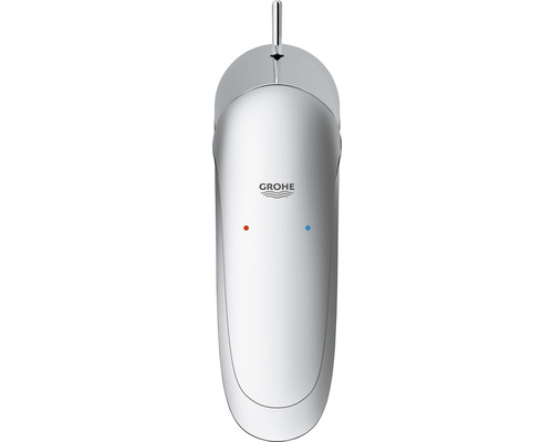 Grohe Logo auf einer Armatur mit Symbolen für Warm- und Kaltwasser
