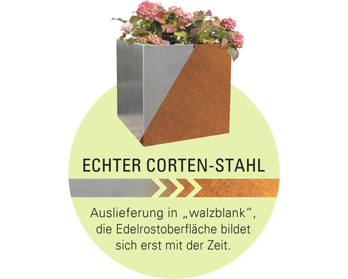 Quadratischer Pflanzkasten aus Cortenstahl mit Pflanzen