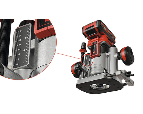 Detailansicht einer Einhell Akku-Oberfräse mit Tiefeneinstellung