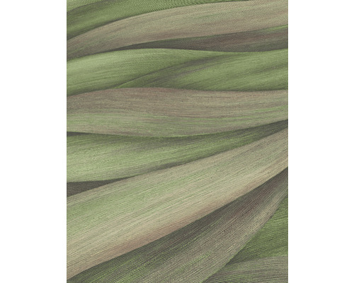 Detailaufnahme einer grünen Vliestapete mit wellenförmiger Struktur.