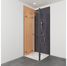 Eckdusche mit Drehtür und Duschpaneel im Badezimmer