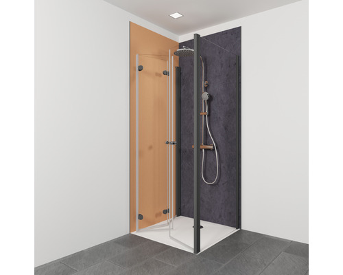 Eckdusche mit Drehtür und Duschpaneel im Badezimmer