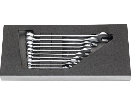 Satz von Gabelringschlüsseln in einer Schaumstoffeinlage