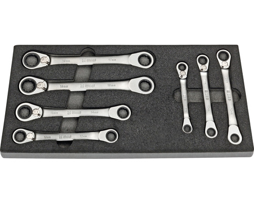 Satz Ringschlüssel mit Ratschenfunktion in verschiedenen Größen in einer Werkzeugaufbewahrung