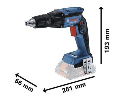 Abmessungen des Bosch Trockenbauschraubers: 193 mm Höhe, 261 mm Länge, 56 mm Breite