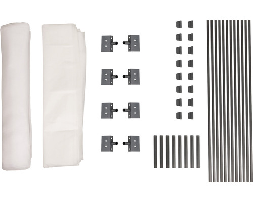 Komponenten für ein Rankgitter-System bestehend aus Folie, Verbindungsstücken, Abdeckkappen und Stäben