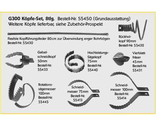 G300 Kopf Set, 8-teilig, mit flexibler Kopfführungsfeder, Gabel-Schneidkopf, Rückholkopf, Vierblattfräser, Hochleistungssägekopf, Rotationssägemesser und Schneidmesser