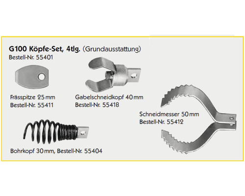 G100 Kopf Set, 4-teilig, Grundausstattung mit Frässpitze 25 Millimeter, Gabelschneidkopf 40 Millimeter, Bohrkopf 30 Millimeter, Schneidemesser 50 Millimeter