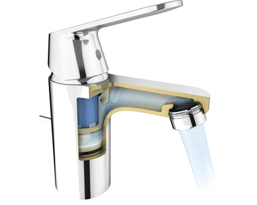 Geschnittene Darstellung einer Armatur mit Wasserstrahl