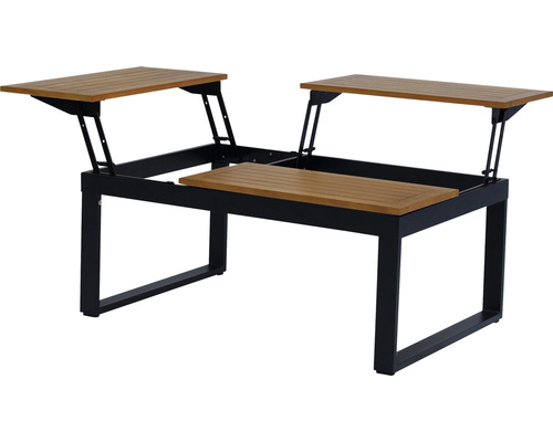 Gartentisch mit hochklappbaren Tischplatten und schwarzem Metallgestell