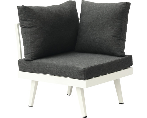 Ecksofa-Element mit grauen Kissen und weißem Rahmen
