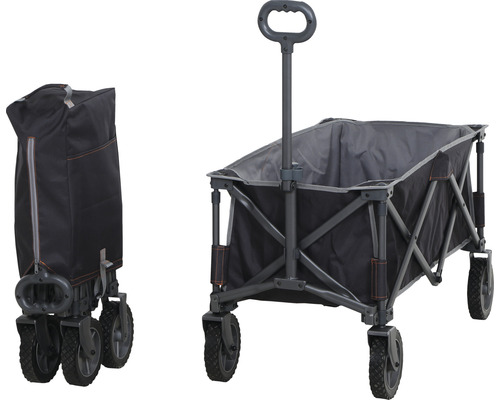 Faltbarer Bollerwagen in geöffnetem und geschlossenem Zustand.