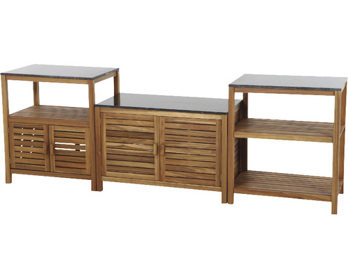 Gartenküchenzeile aus Holz mit Steinplatte und Stauraum