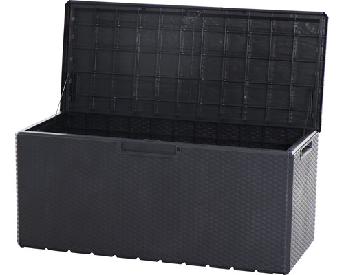 Geöffnete Aufbewahrungsbox aus Kunststoff mit Rattanoptik