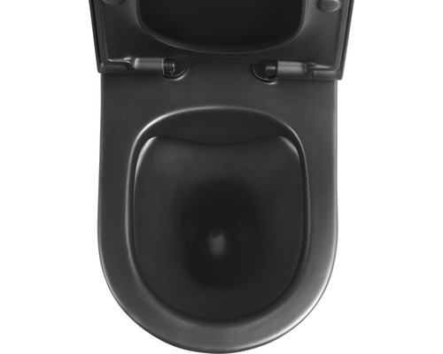 Schwarz Toilette mit offenem Deckel.