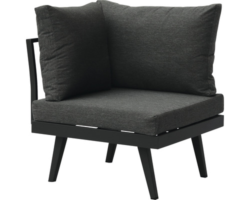 Ecklounge-Sessel mit dunklen Polstern und schwarzem Gestell