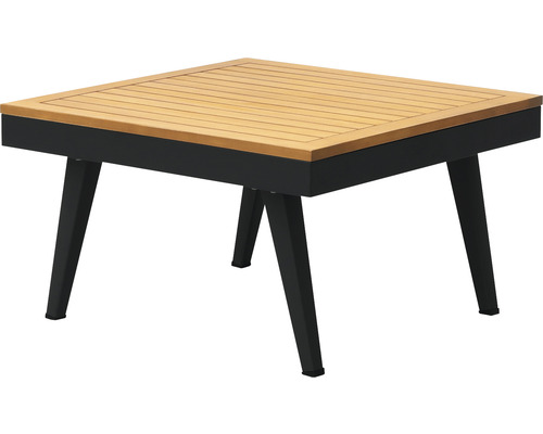 Quadratischer Gartentisch mit Holzlatten und schwarzen Beinen