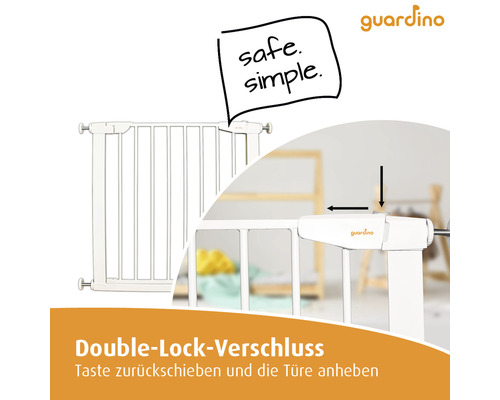 Guardino Logo. Illustration of a white child safety gate with double lock.