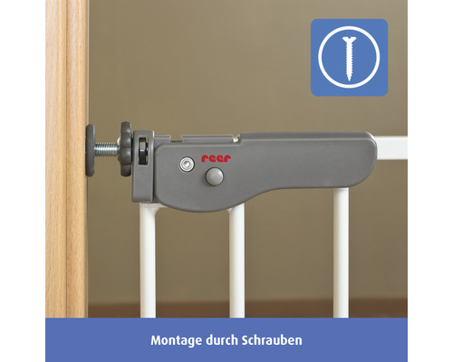 Detailansicht eines Treppenschutzgitters mit Schraubmontage und Reer Logo