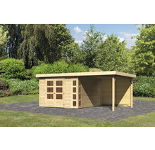 Gartenhaus mit Anbau und Doppeltür aus Holz im Garten