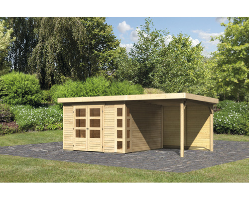 Gartenhaus mit Anbau und Doppeltür aus Holz im Garten