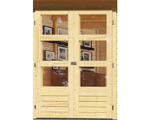 Doppeltür aus Holz mit Fenstern für ein Gartenhaus