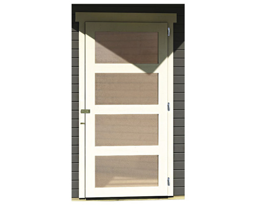 Holztür mit vier rechteckigen Füllungen für Gartenhaus oder Geräteschuppen