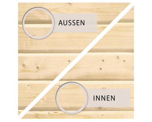 Holzfassade mit Kennzeichnung Außen und Innen