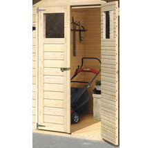 Offener Holz Geräteschuppen mit Gartengeräten und Rasenmäher