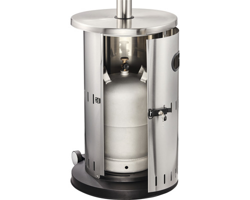 Gasheizstrahler mit geöffneter Abdeckung und Gasflasche