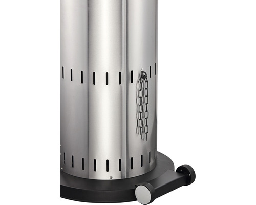 Detailansicht eines Heizpilzes aus Edelstahl mit Rollen und Kette