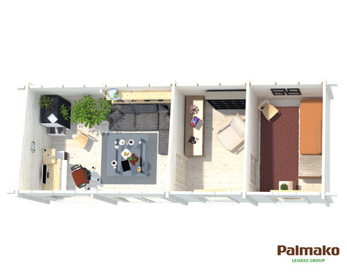 Draufsicht des Holzhauses mit Wohnzimmer, Schlafzimmer und Arbeitszimmer