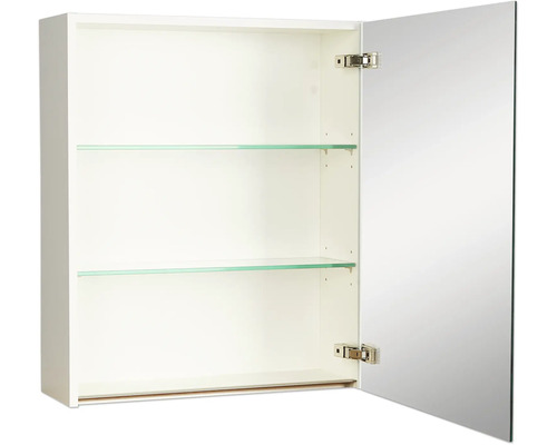 Offener weißer Spiegelschrank mit zwei Glasböden