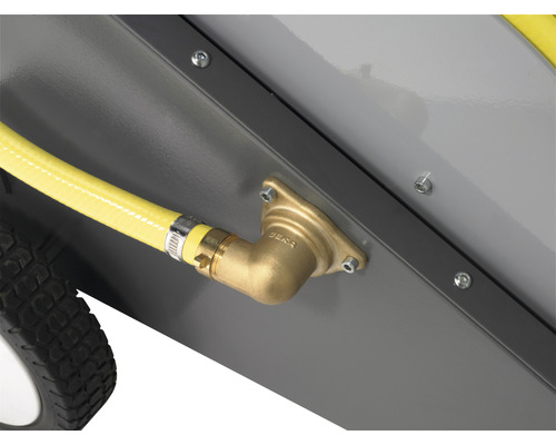 Detailansicht eines Sandstrahlgeräts mit gelbem Schlauch und Messinganschluss