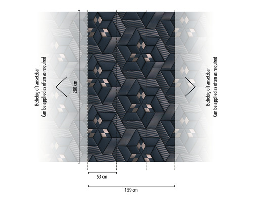 Tapete mit geometrischem Muster und Maßangaben.