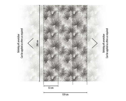 Illustration einer Vliestapete mit Palmenblattmotiv und Maßangaben.