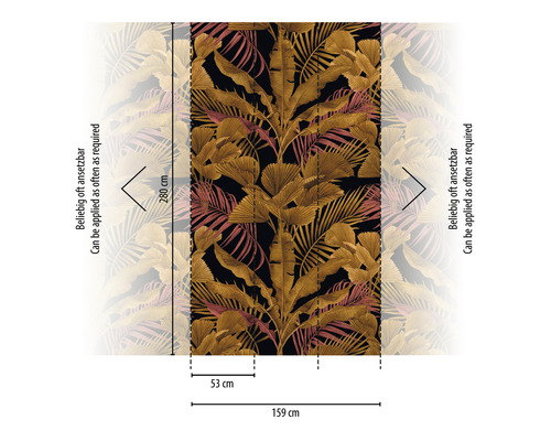 Fototapete mit Blattmuster und Maßangaben