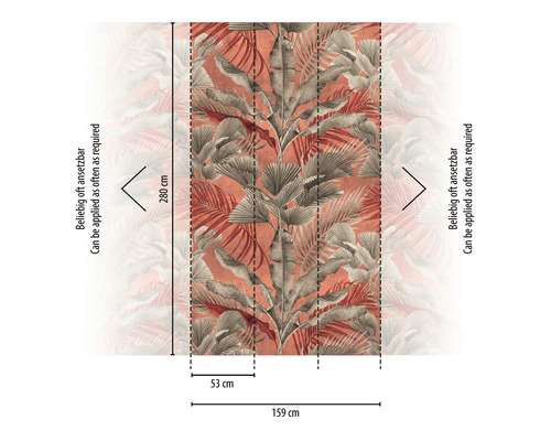 Tapete mit tropischem Blättermuster und den Maßen 280 mal 159 Zentimeter