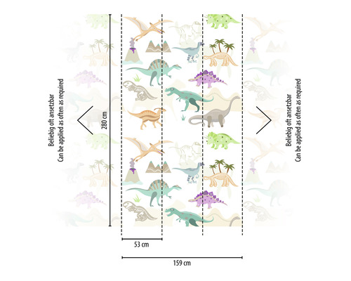 Tapetenmuster mit Dinosauriern und Abmessungen 159 cm mal 280 cm