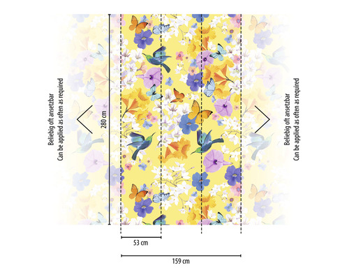 Tapete mit Blumen-, Schmetterlings- und Vogelmuster sowie Größenangaben