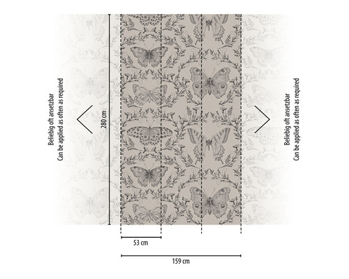 Tapete mit Schmetterlingsmuster und den Maßen 280 mal 159 Zentimeter