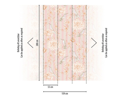 Tapete mit Blumen- und Vogelmuster sowie Maßangaben