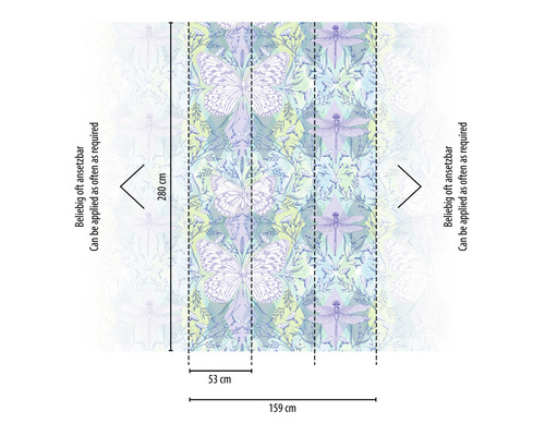 Tapete mit Schmetterlings- und Libellenmuster, Maße 159 mal 280 Zentimeter