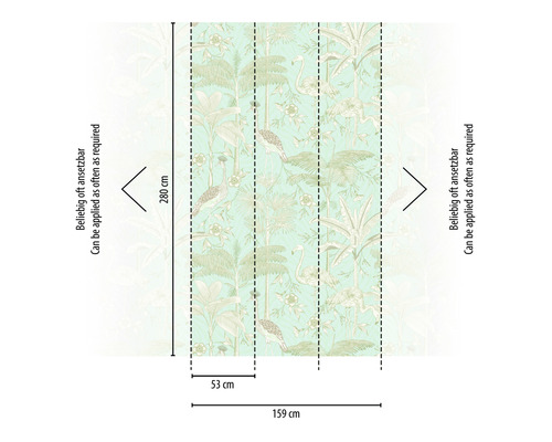 Abmessungen einer Tapete mit Vogel- und Pflanzenmuster, 280 x 159 cm