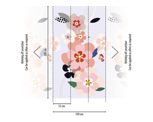 Fototapete mit Blumenmuster und Größenangaben