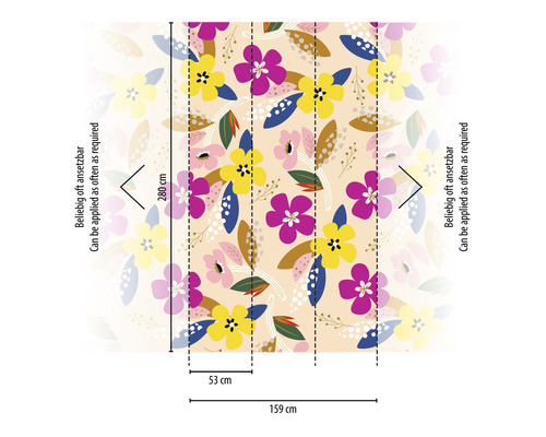 Tapete mit Blumenmuster und Maßangaben 280 mal 159 Zentimeter