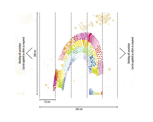 Fototapete mit Regenbogenmotiv und Größenangaben.