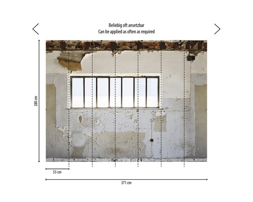 Fototapete mit Mauerwand und Fenster, Maße 371 mal 280 cm