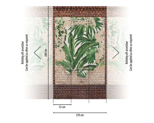 Fototapete mit Backsteinmuster und Pflanzenmotiven, wiederverwendbar, Maße 159 mal 280 cm